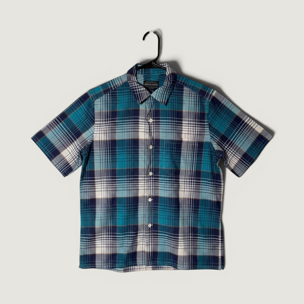 Pendleton Mens Teal Navy Plaid Short Sleeve Button Down Shirt Camp Collar Small
